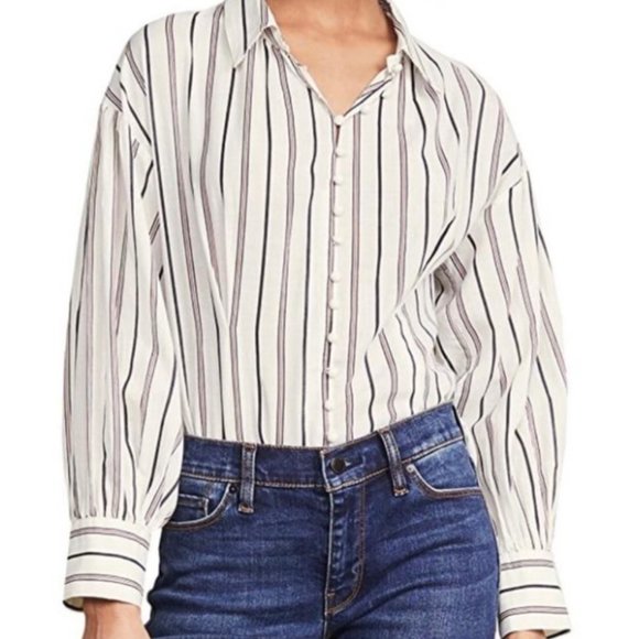 Joie Minya Gathered Blouse Top In Porcelain Stripe Cotton - Picture 5 of 16